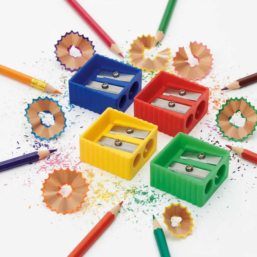 Pack de 4 sacapuntas dobles en colores vibrantes con lápices y virutas