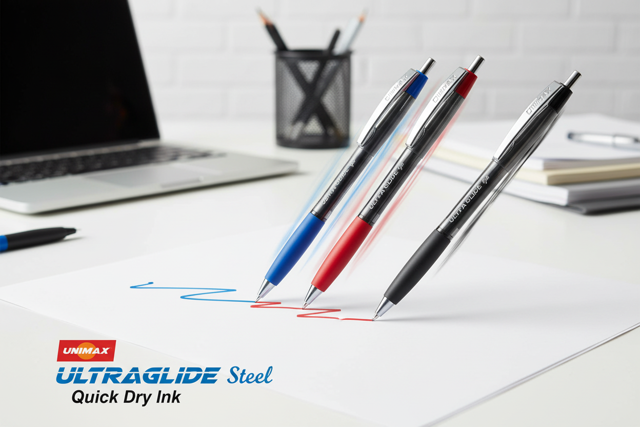 Unimax Ultraglide Steel - Pack 3 bolígrafos azul, rojo y negro
