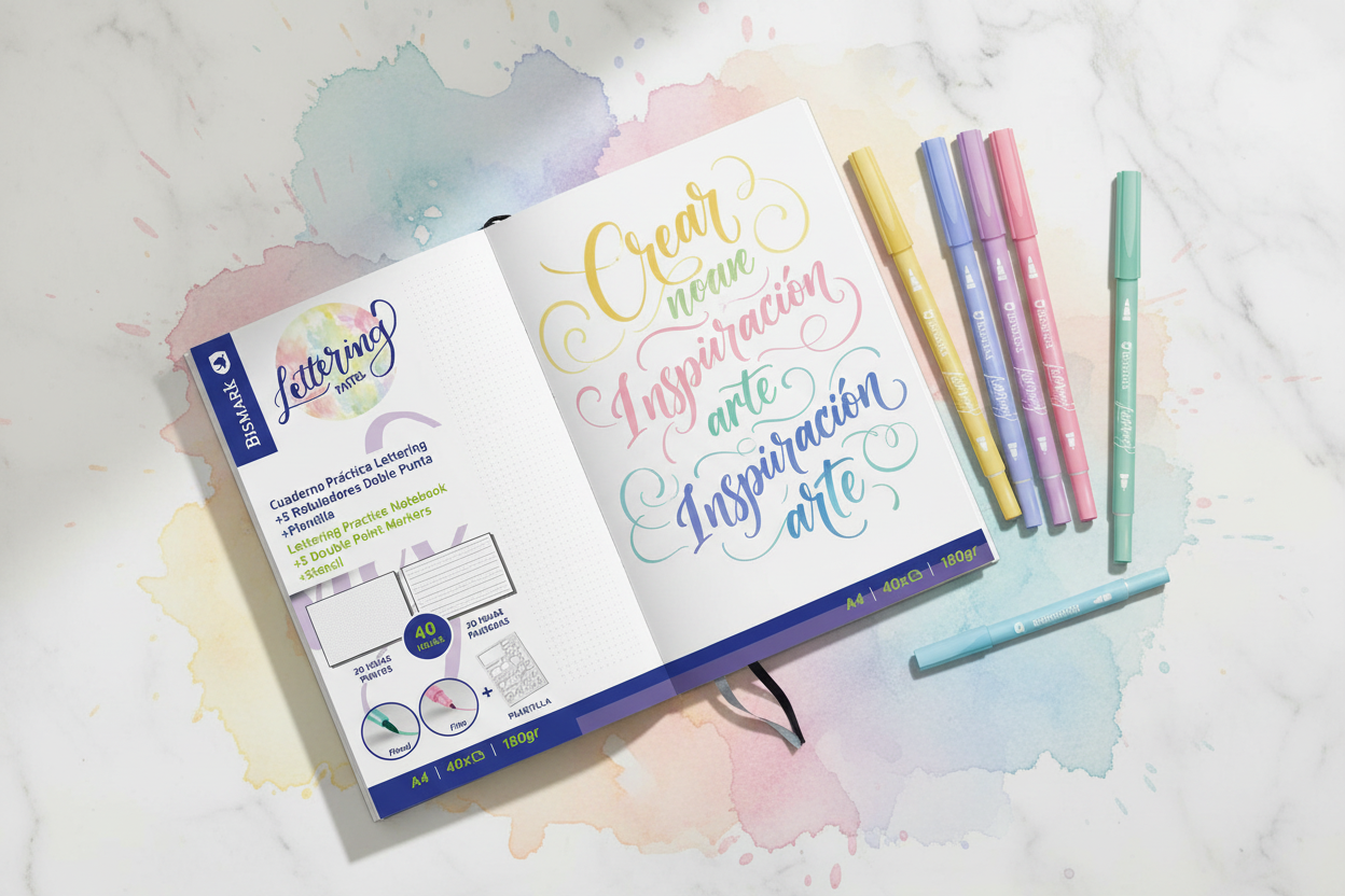 Imagen creativa Kit Lettering Pastel Bismark – flat lay lifestyle