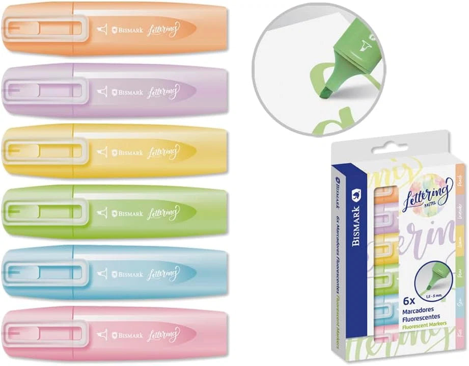 Bismark Lettering Pastel — 6 Marcadores Fluorescentes