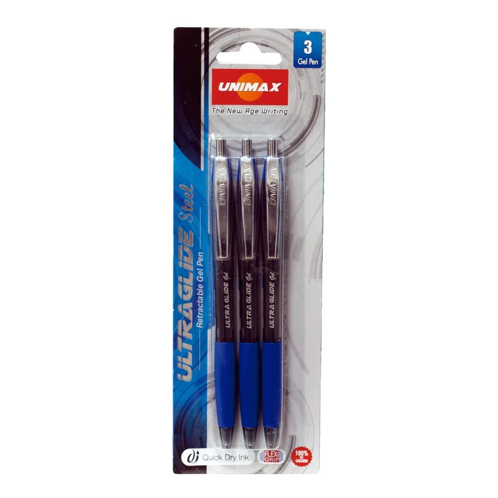 Unimax Ultraglide Steel - Pack 3 Bolígrafos Gel Retráctiles Azul, Rojo y Negro